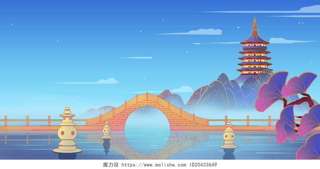 国潮建筑杭州地标西湖断桥雷峰塔插画背景
